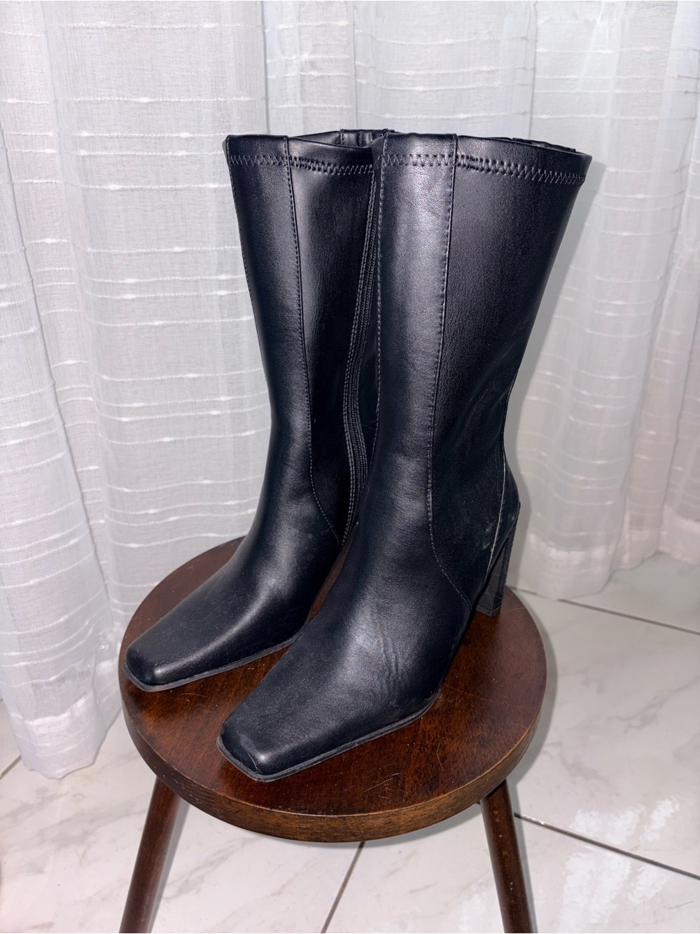 Dolls Kill Black Square-Toe Mid-Calf Heeled Boots